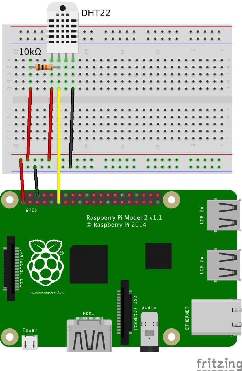 DHT22传感器和Raspberry Pi 2的实验板接线图